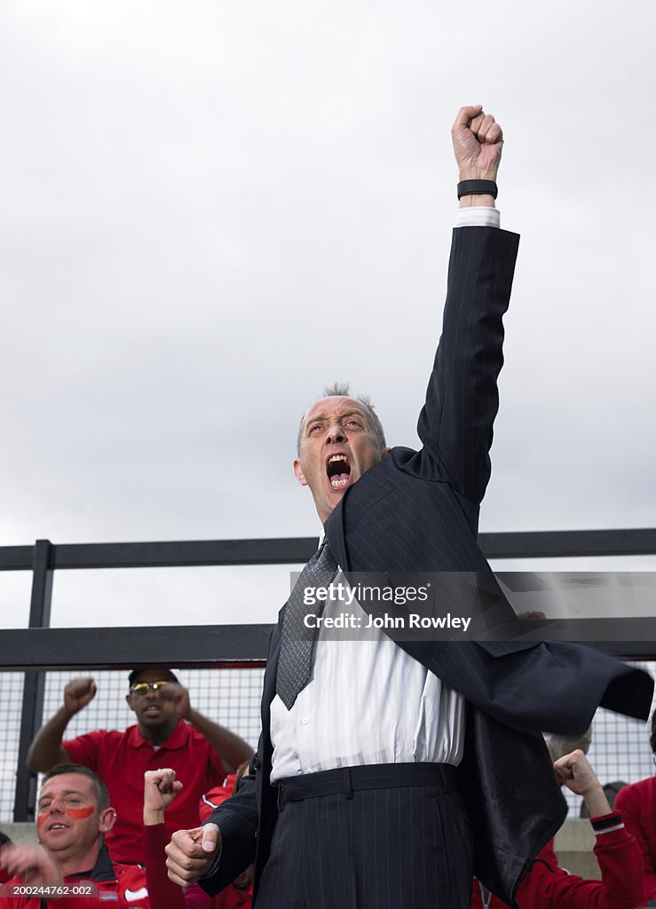 Businessman in stadium crowd, punching air, low angle view