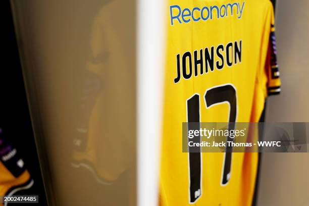 The shirt of Katie Johnson is seen inside the Wolves dressing room ahead of the Adobe Women's FA Cup Fifth Round match between Wolverhampton...
