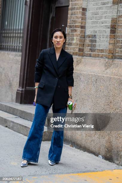Eva Chen wears black blazer, denim jeans outside Proenza Schouler on February 10, 2024 in New York City.