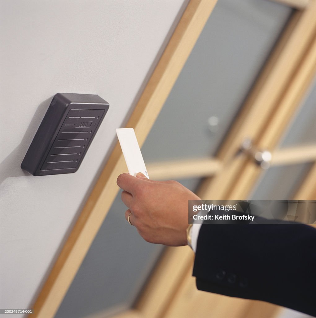 Key Card Reader Slide Businessman Inserting Card Key Into Card Reader Closeup Of Hand High ...