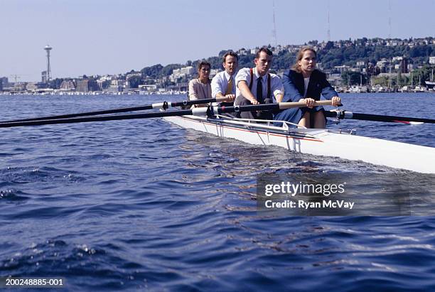 four businesspeople rowing in city bay - team rowing boat in bay stock pictures, royalty-free photos & images