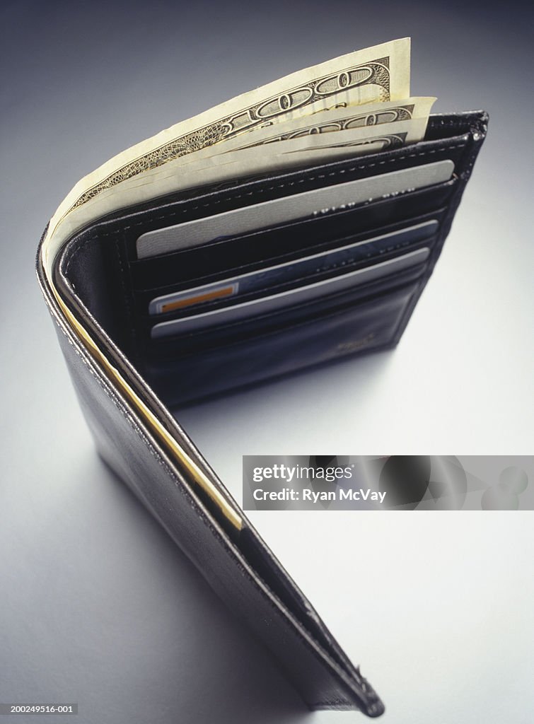 Wallet with cash, elevated view, (Close-up)