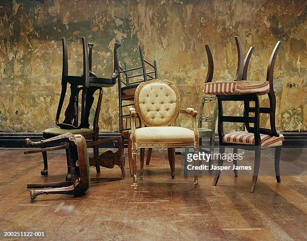 assorted antique chairs, indoors - antique furniture stock-fotos und bilder