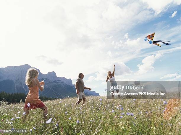 mature couple and girl (8-10) flying kites in alpine meadow - kite stock pictures, royalty-free photos & images