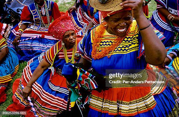 Unidentified Lesotho women dressed in traditional clothing attend at royal wedding on February 16, 2000 in Maseru, the capital of Lesotho. The small...