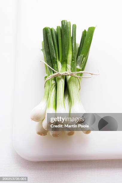 bunch of spring onions on white chopping board - cebolla de primavera fotografías e imágenes de stock