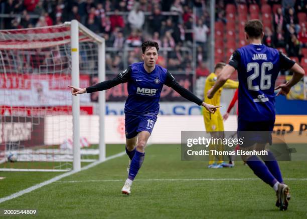 Marcel Baer of Aue celebrates after scoring his team's second goal during the 3. Liga match between Hallescher FC and Erzgebirge Aue at...