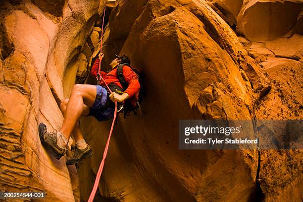 man rappelling down sandstone slot canyon, low angle view - shorts down stock pictures, royalty-free photos & images