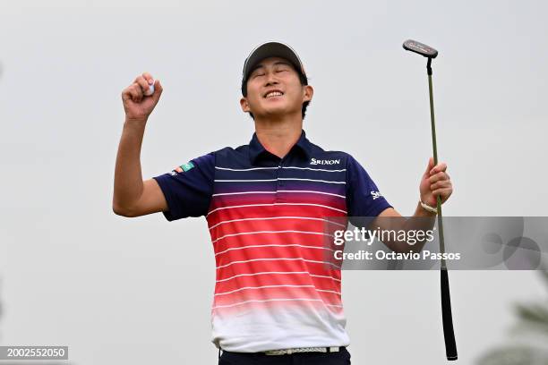 Rikuya Hoshino of Japan celebrates victory on the 18th green during day four of the Commercial Bank Qatar Masters at Doha Golf Club on February 11,...