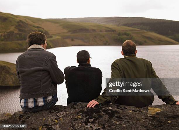 three men sitting on rock overlooking lake, rear view - llyn brianne reservoir stock pictures, royalty-free photos & images