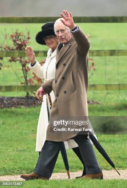 King Charles III and Queen Camilla depart after attending the Sunday service at the Church of St Mary Magdalene on February 11, 2024 in Sandringham,...