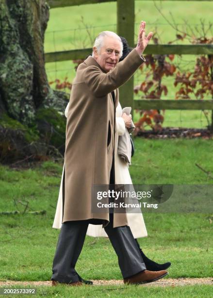 King Charles III and Queen Camilla attend the Sunday service at the Church of St Mary Magdalene on February 11, 2024 in Sandringham, Norfolk.