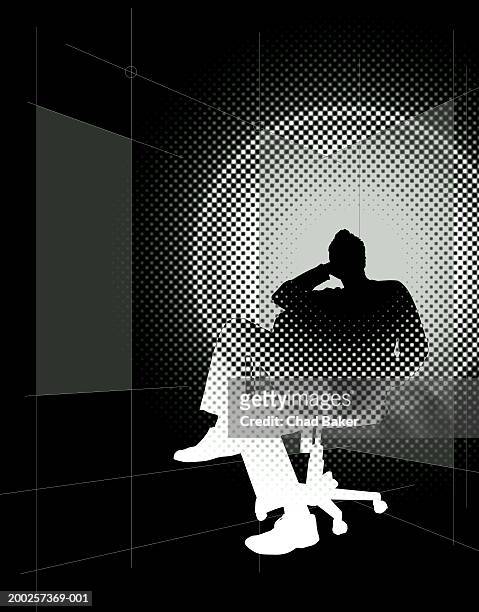 man sitting on office chair, resting head on hand (digital composite) - head in hands silhouette stock pictures, royalty-free photos & images