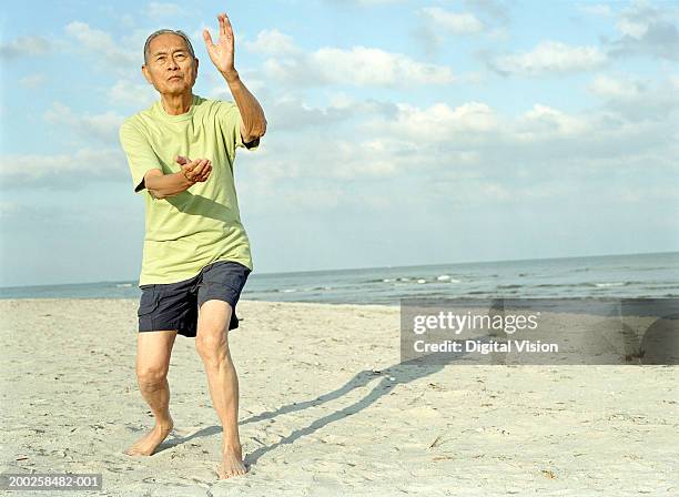 senior man practicing tai chi on beach - tai chi shadow stock pictures, royalty-free photos & images