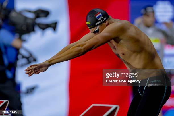 Caspar Corbeau of the Netherlands competing in the Men 50m Breaststroke Semifinal on Day 12: Swimming of the Doha 2024 World Aquatics Championships...