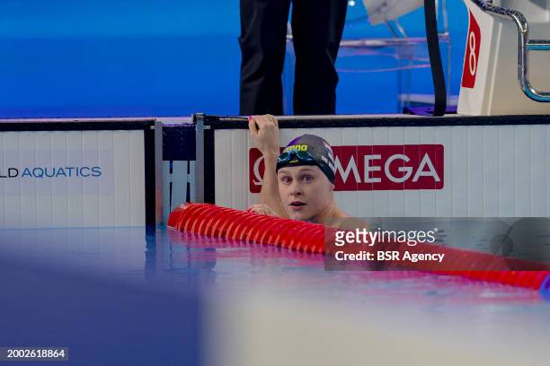 Maaike de Waard of the Netherlands competing in the Women 100m Backstroke Final on Day 12: Swimming of the Doha 2024 World Aquatics Championships on...