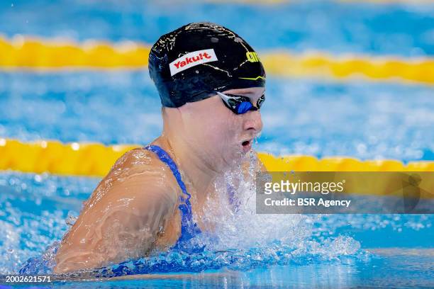 Tes Schouten of the Netherlands competing in the Women 100m Breaststroke Final on Day 12: Swimming of the Doha 2024 World Aquatics Championships on...