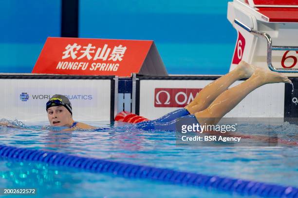 Tes Schouten of the Netherlands competing in the Women 100m Breaststroke Final on Day 12: Swimming of the Doha 2024 World Aquatics Championships on...