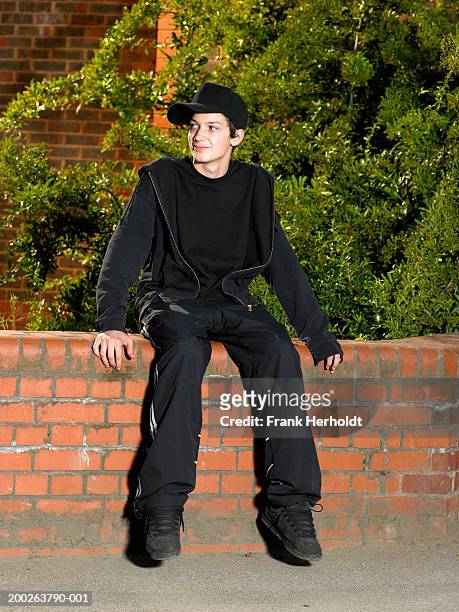 teenage boy (13-15) sitting on wall, smiling - goth boy stock-fotos und bilder