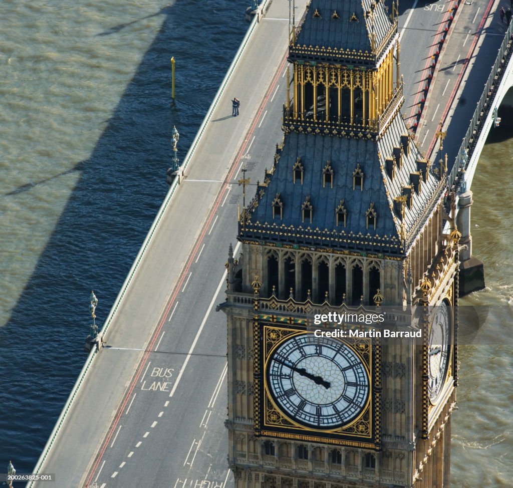 England, London, Big Ben and Westminster Bridge, aerial view