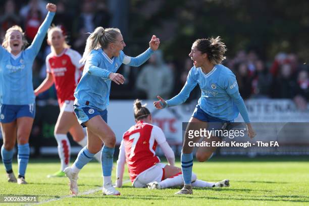 Laia Aleixandri of Manchester City celebrates scoring her team's first goal during the Adobe Women's FA Cup Fifth Round match between Arsenal and...