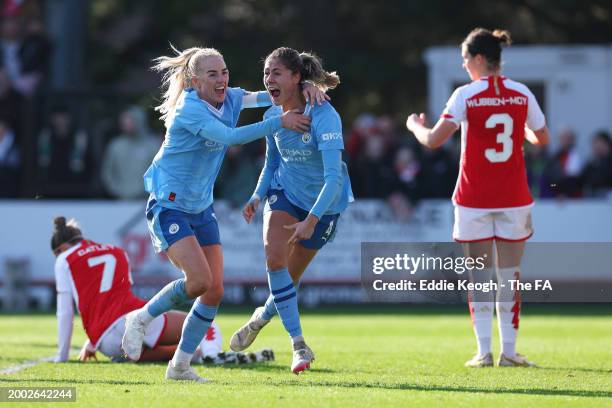 Laia Aleixandri of Manchester City celebrates scoring her team's first goal during the Adobe Women's FA Cup Fifth Round match between Arsenal and...