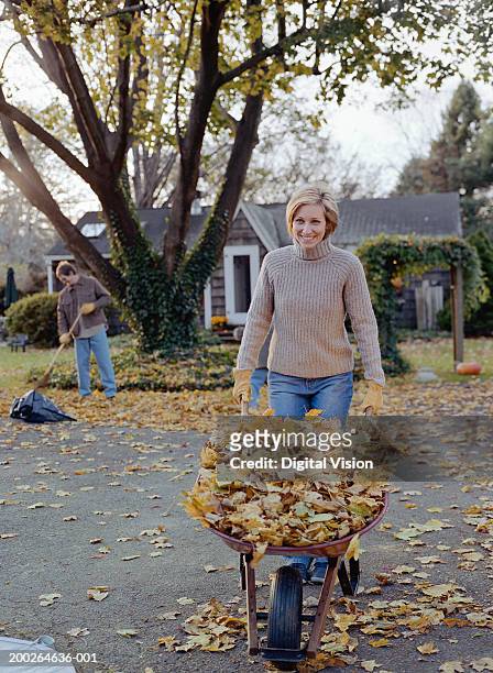 woman pushing wheel barrow filled with leaves, smiling, portrait - sweeping sidewalk stock pictures, royalty-free photos & images