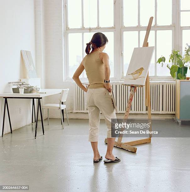 female artist looking at painting on easel, rear view - art easel stock pictures, royalty-free photos & images