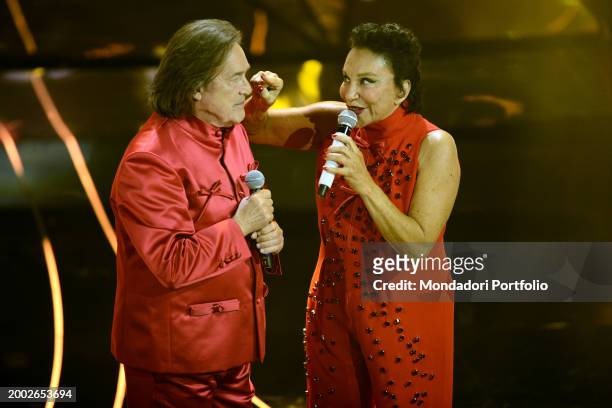 Italian singers Angelo Sotgiu and Angela Brambati of Ricchi e Poveri at 74 Sanremo Music Festival. Final evening. Sanremo , February 10th, 2024