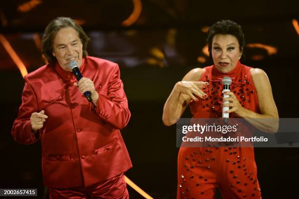 Italian singers Angelo Sotgiu and Angela Brambati of Ricchi e Poveri at 74 Sanremo Music Festival. Final evening. Sanremo , February 10th, 2024