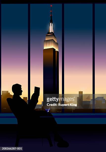 businessman relaxing in chair, city skyline in background, dusk - international landmark stock illustrations