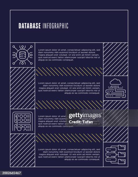 database infographic template - data analysis, storage, security, network icons - saas data stock illustrations