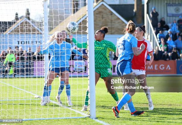 Khiara Keating of Manchester City makes a save on the line during the Adobe Women's FA Cup Fifth Round match between Arsenal and Manchester City at...