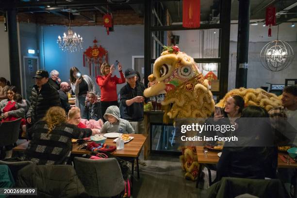 Diners react as the traditional Lion Dance performance visits restaurants in Newcastle’s Chinatown to bring good luck during Chinese New Year...