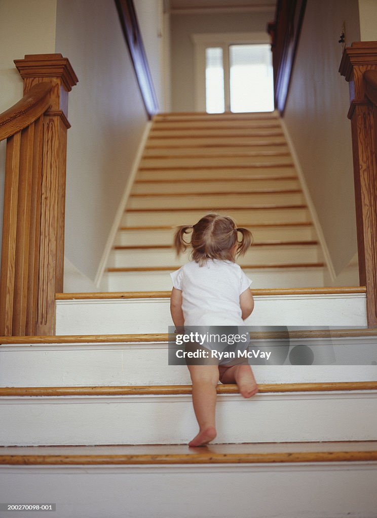 Toddler (18-21 months) climbing up stairs, low angle view
