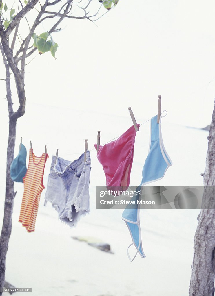 Laundry hanging on clothes line between trees at ocean