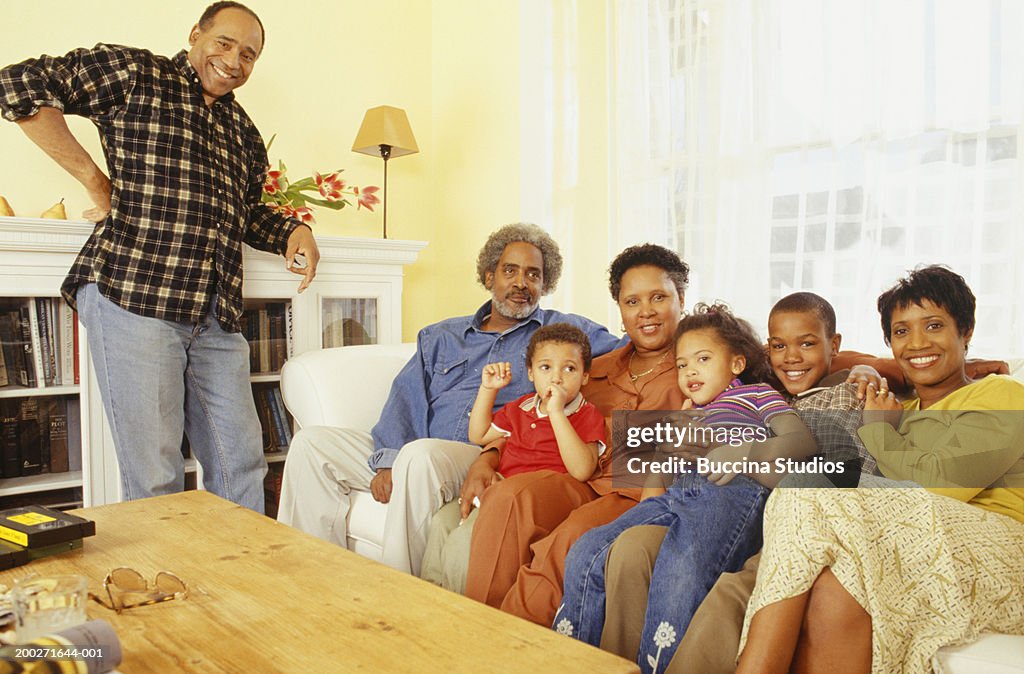 Large family in living room, portrait