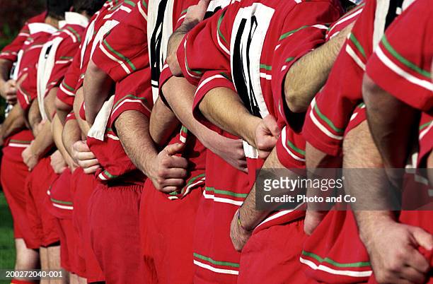 rugby team standing with arms around each other, rear view - rugby union fotografías e imágenes de stock