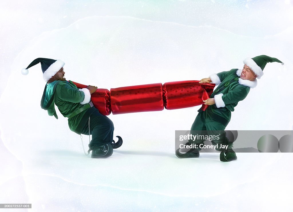 Two male 'elves' pulling large christmas cracker (digital enhancement)