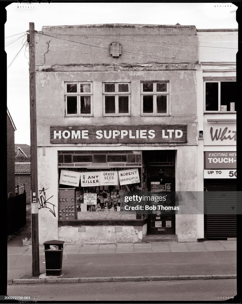Shop front of hardware store (B&W)