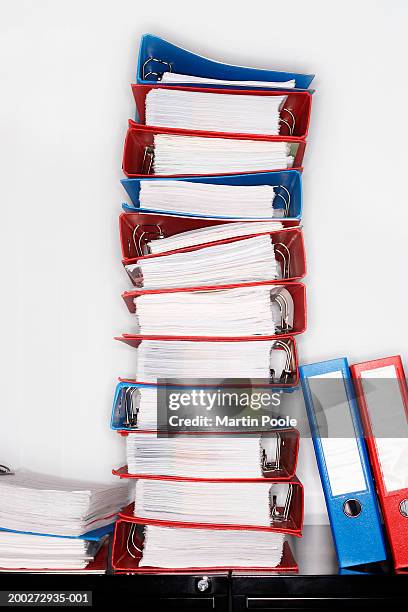 files stacked on filing cabinet, close-up - ring binder stock pictures, royalty-free photos & images