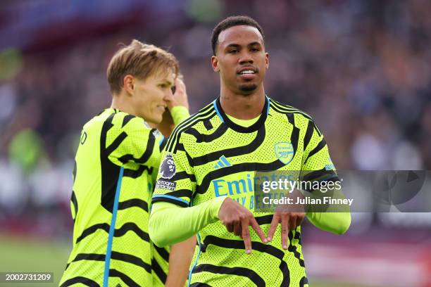 Gabriel of Arsenal celebrates scoring his team's third goal during the Premier League match between West Ham United and Arsenal FC at London Stadium...