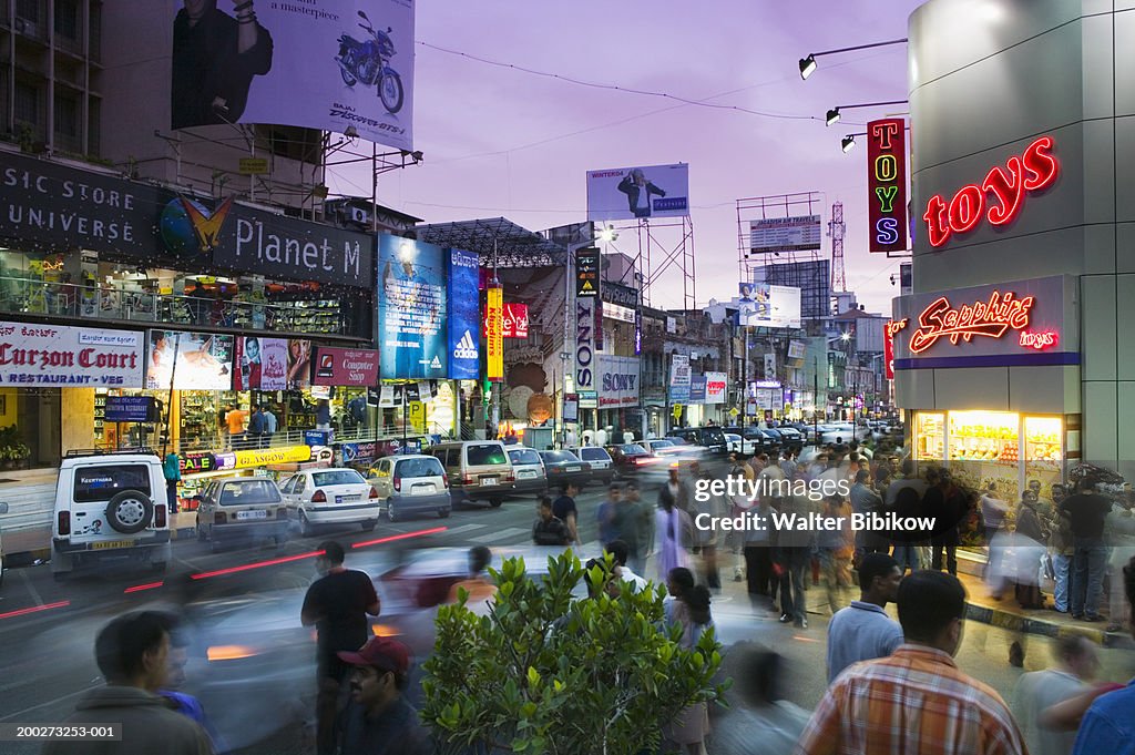 India, Karnataka, Bangalore, Brigade Road, dusk (long exposure)