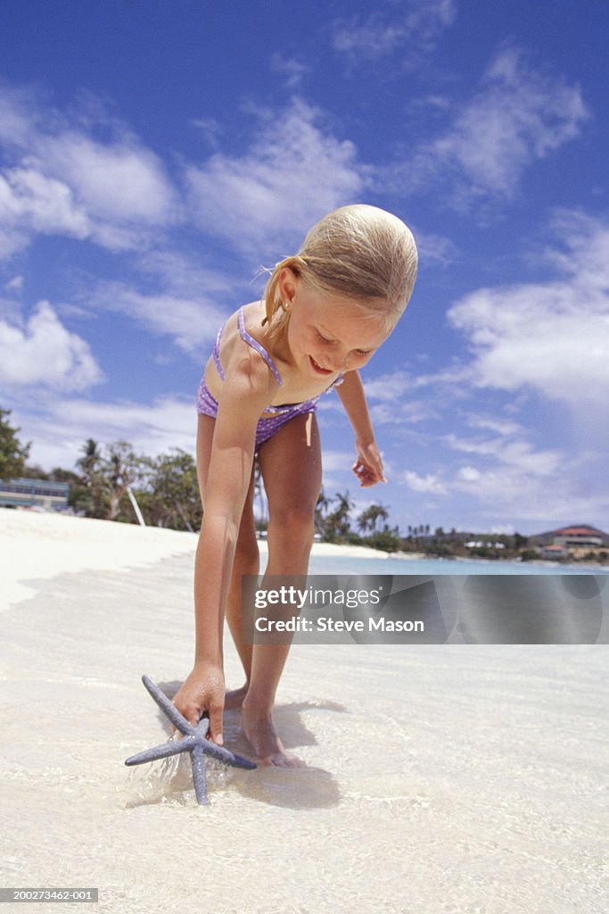 Girl (6-7) finding starfish on beach