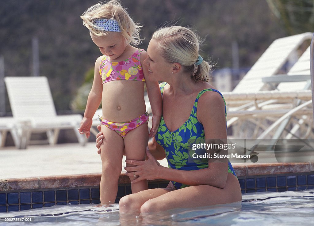 Swimming Pool Mum And Daughter Bikini Mother And Daughter Sitting