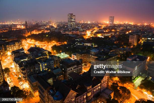 india, mumbai, fort area and downtown skyline, aerial view, night - mumbai stock pictures, royalty-free photos & images