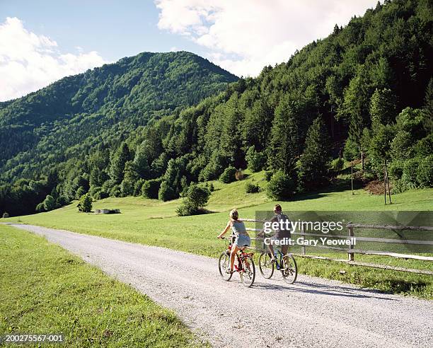 slovenia, julian alps, couple cycling on road, rear view - mountain slovenia stock pictures, royalty-free photos & images