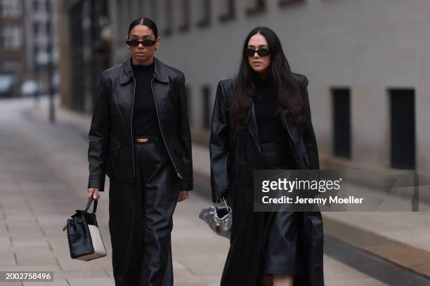 Cherifa Akili wears YSL black sunglasses, gold earrings, Falke black wool knit turtleneck sweater, 12 Storezz black leather jacket, Zara black...