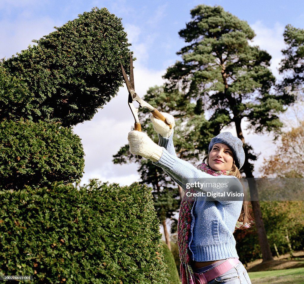 Young woman pruning hedge with shears, smiling