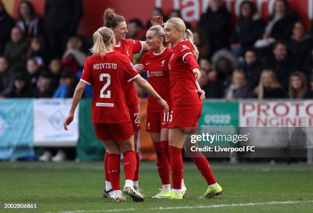 Melissa Lawley of Liverpool celebrates scoring her team's second goal during the Adobe Women's FA Cup Fifth Round match between London City Lionesses...